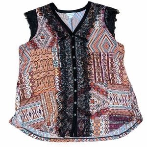 3/$30 CJ BANKS Lace Geometric Blouse with Cap Sleeves